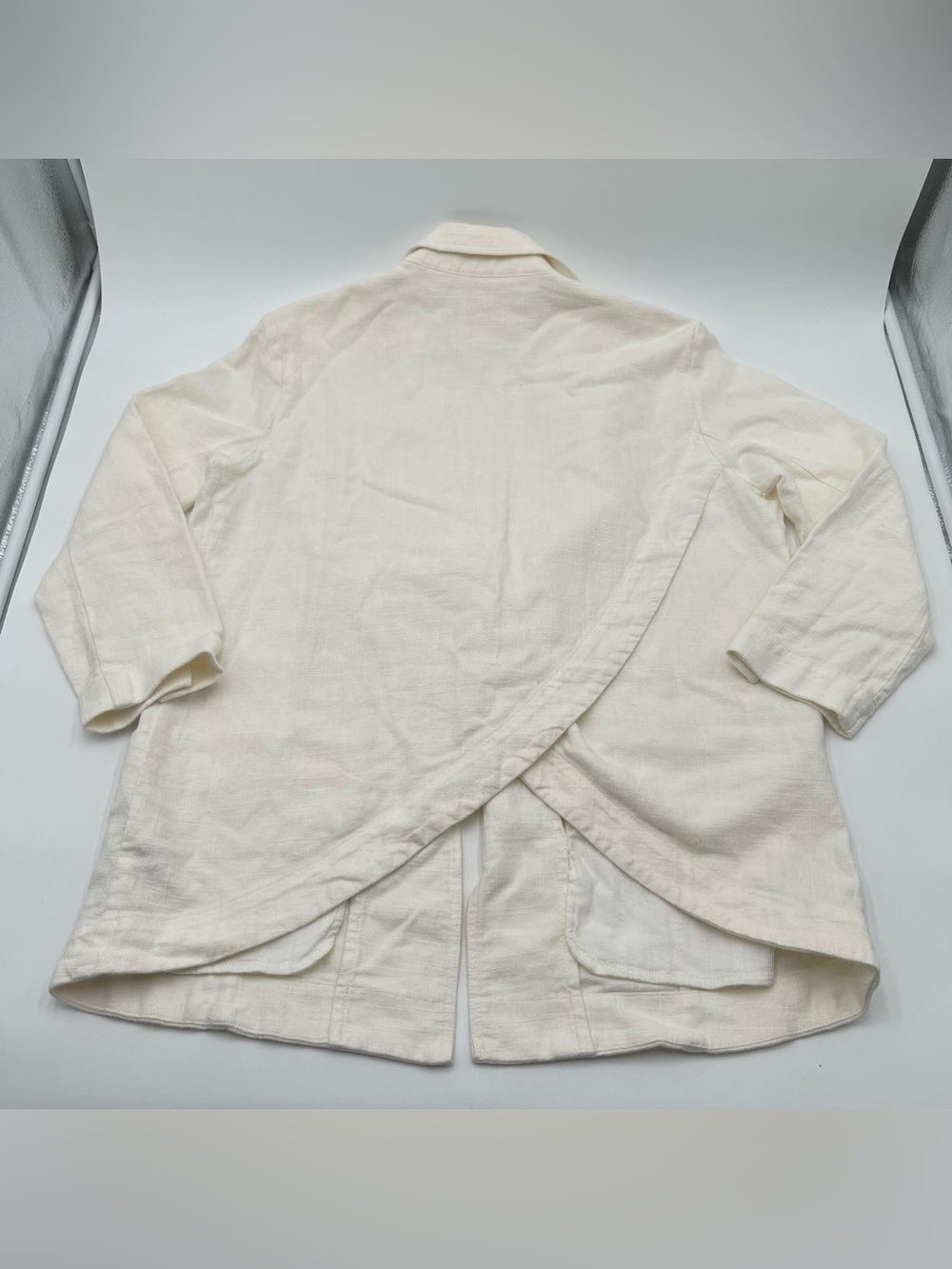Anthropologie Linen Blend Open Front Blazer Tulip Hem Back Jacket Cream Size 6 - Picture 8 of 16